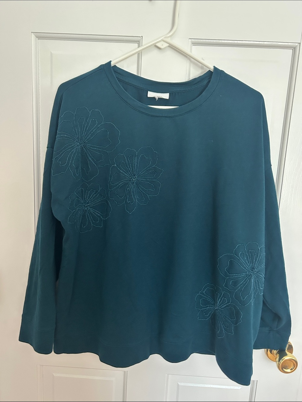 J. Jill Teal Floral Embroidered Crew Sweatshirt